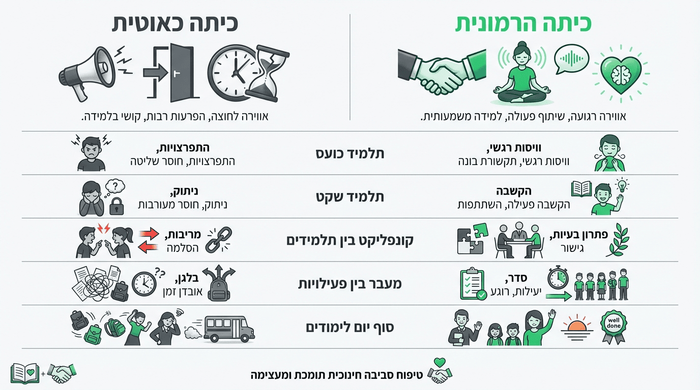 השוואה בין כיתה עם כלים רגשיים לכיתה ללא כלים רגשיים — תרשים ויזואלי