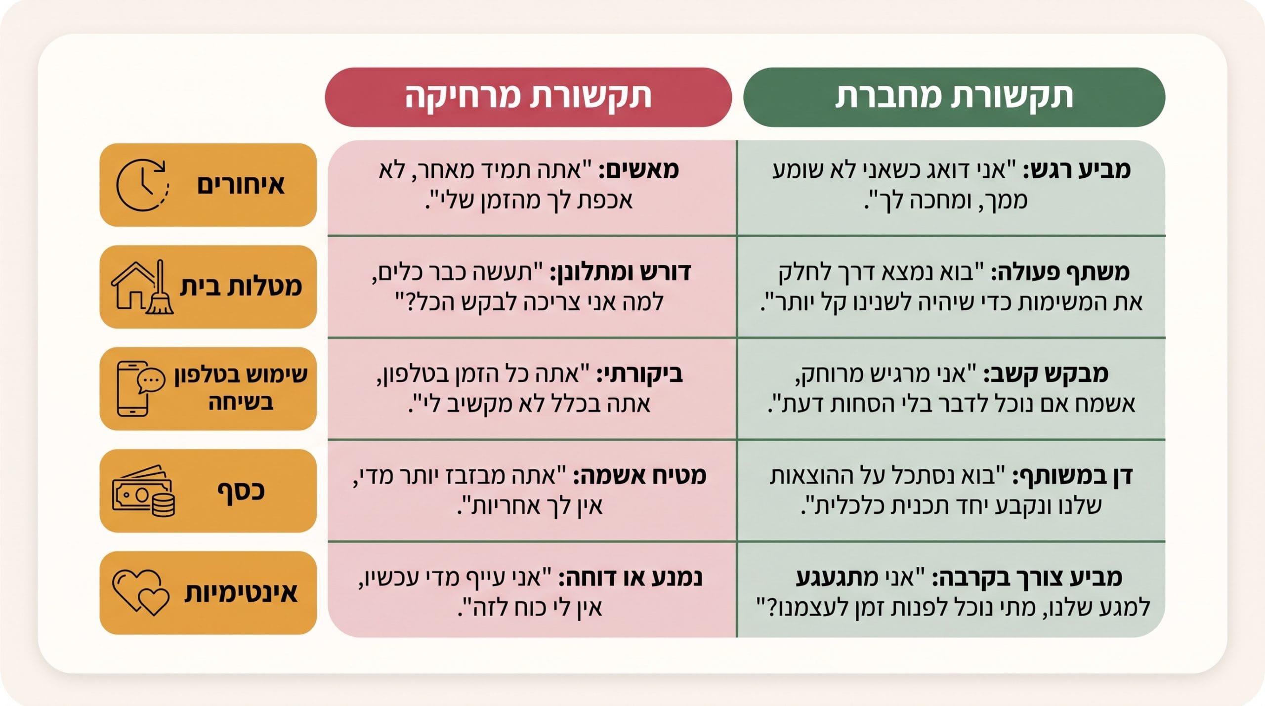 טבלת השוואה – תקשורת לא בריאה מול תקשורת מקרבת
