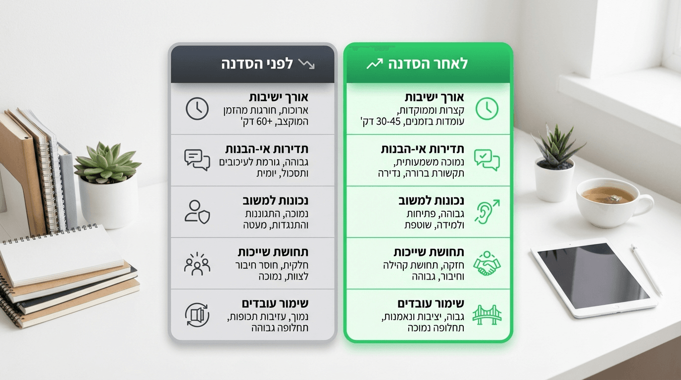 בדיקת אפקטיביות סדנת תקשורת ארגונית - מדדים לפני ואחרי