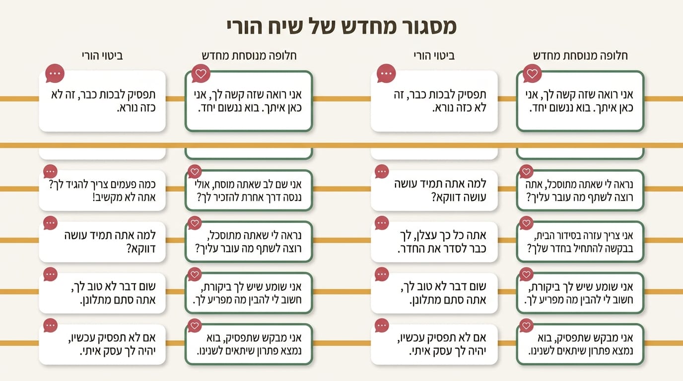 טבלת השוואה בין תגובות הורה שונות ומה הילד שומע