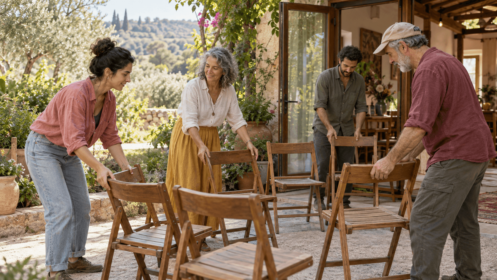 אנשים מסדרים יחד מעגל כיסאות לקראת מפגש קהילתי